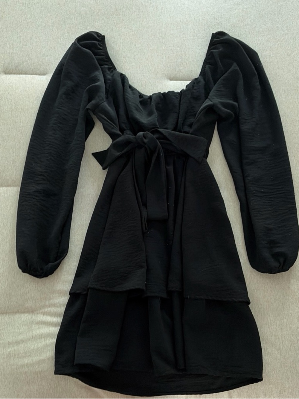 Altar'd State Black Long-Sleeve Tie-Waist Mini Dress
